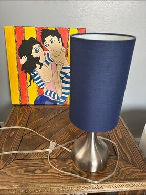 Navy Blue Drum Table Lamp with Brushed Metal Base